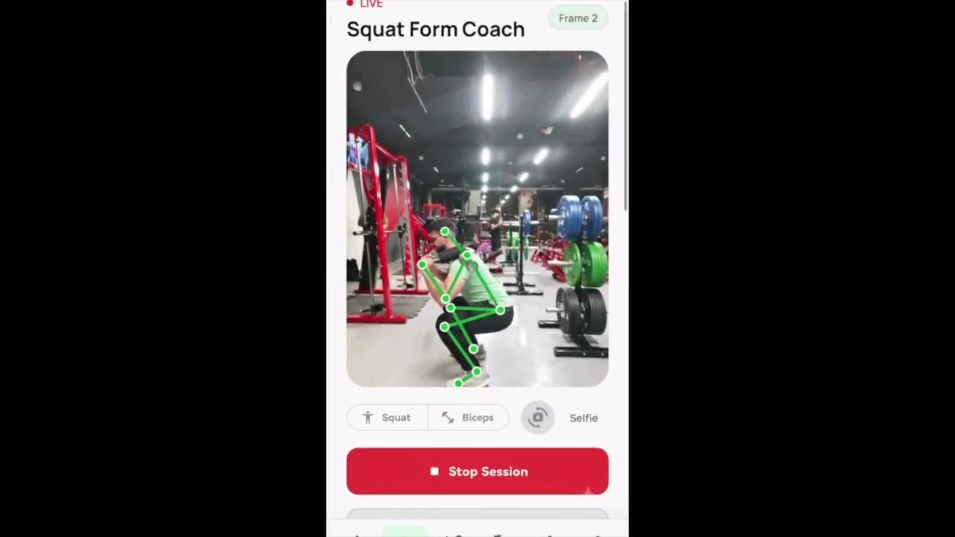 FitnessCam analyzing a live squat with pose landmarks in the Squat Form Coach